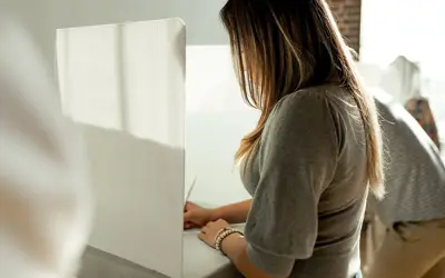 Person voting behind ballot blind